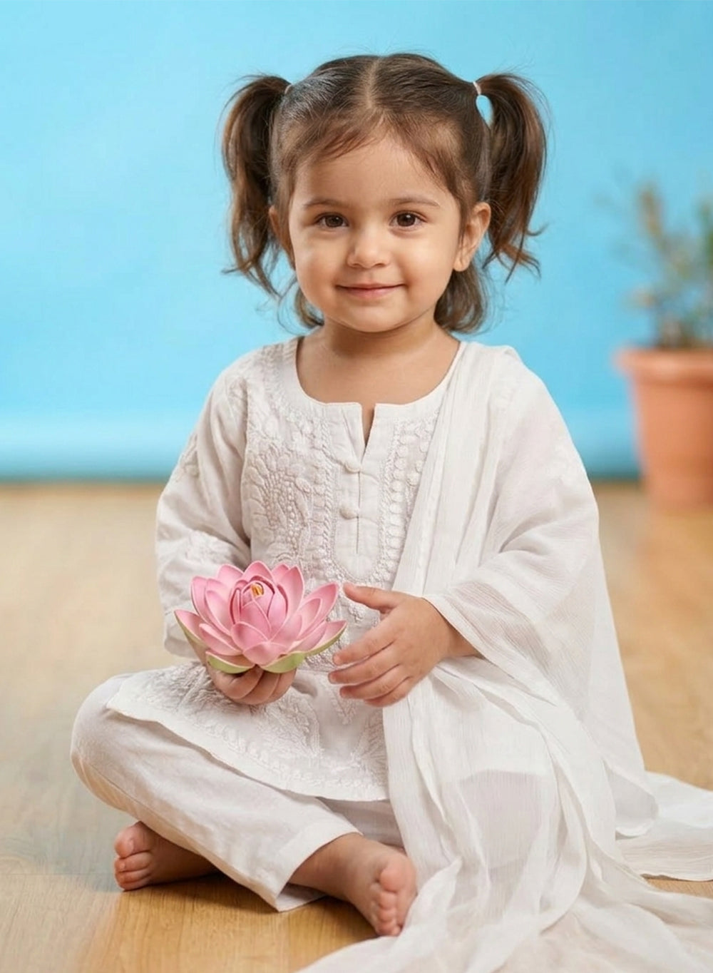 White - Dobby Cotton Chikankari Nanhe Farishtey Kidswear Set