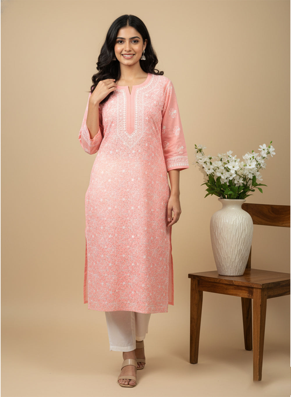 Baby Pink - Bahaar Cotton Terry Voile Chikankari Kurta With White Thread Embroidery