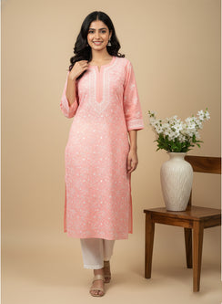 Baby Pink - Bahaar Cotton Terry Voile Chikankari Kurta With White Thread Embroidery