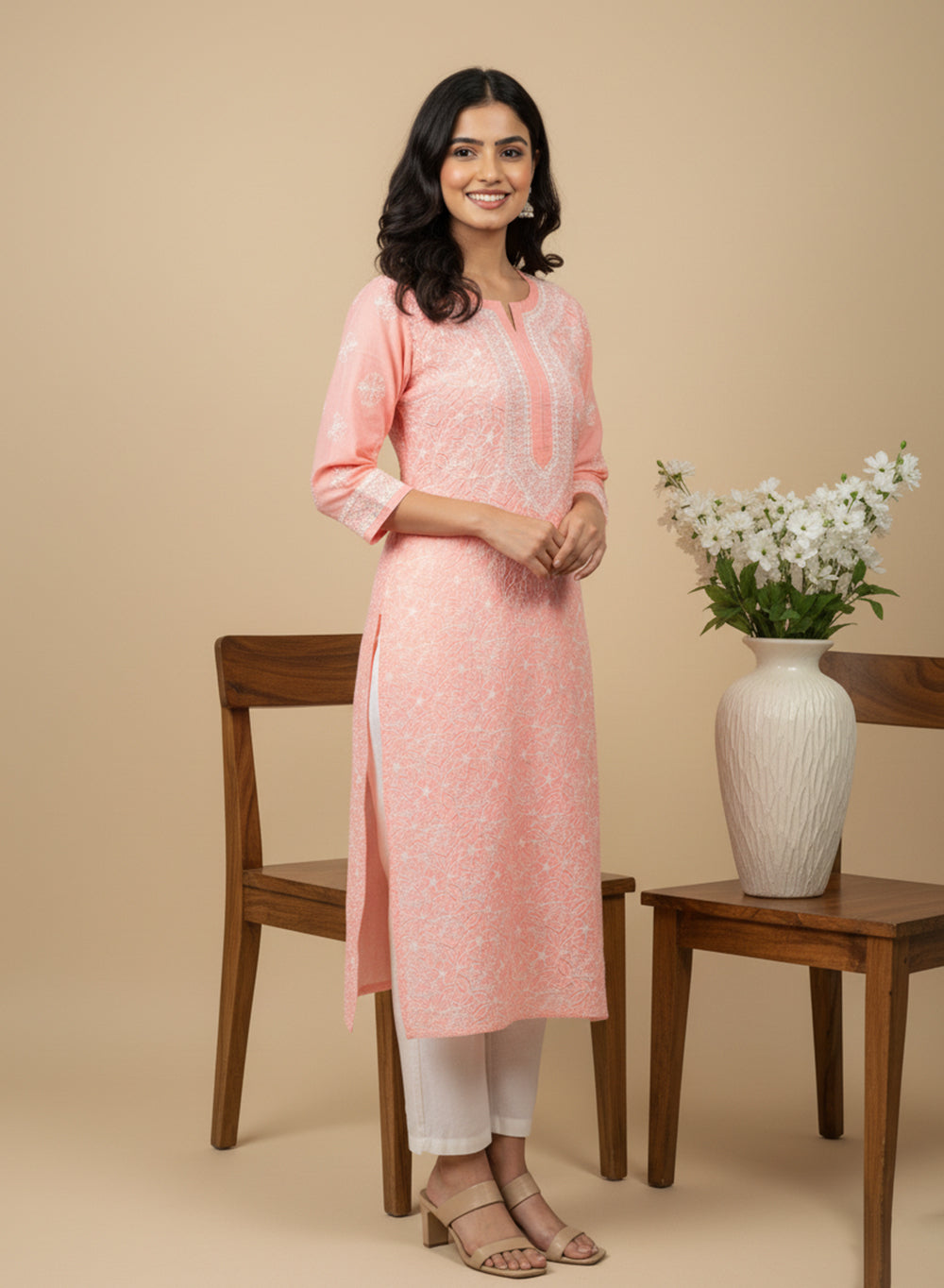 Baby Pink - Bahaar Cotton Terry Voile Chikankari Kurta With White Thread Embroidery