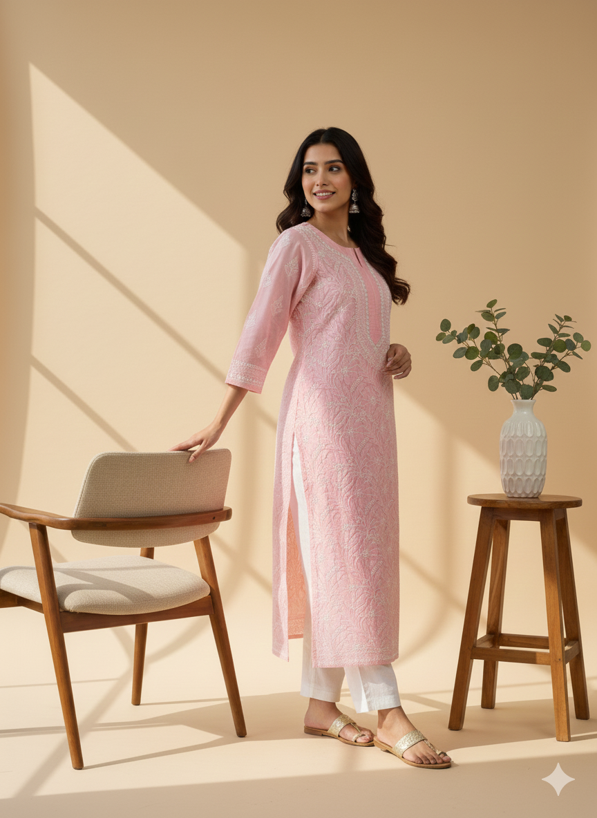 Baby Pink - Bahaar Cotton Terry Voile Chikankari Kurta With Mukaish Work