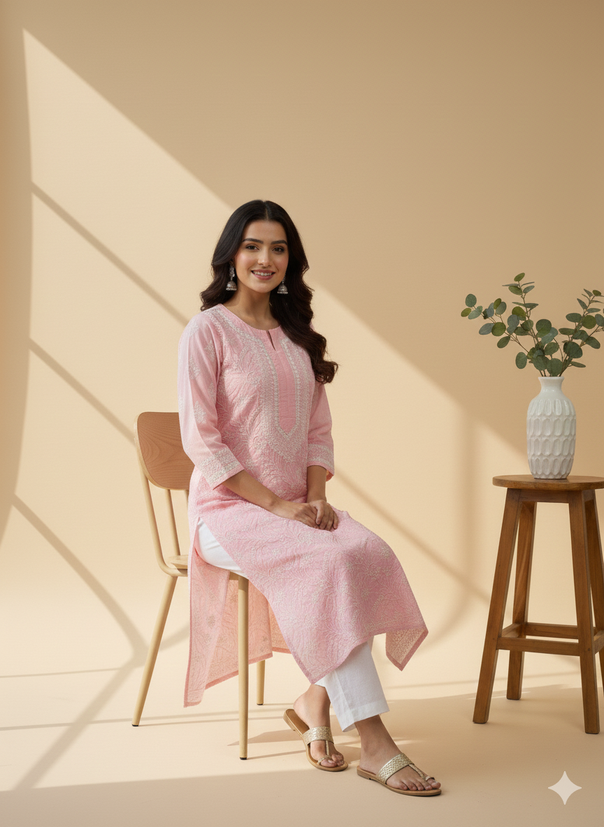 Baby Pink - Bahaar Cotton Terry Voile Chikankari Kurta With Mukaish Work