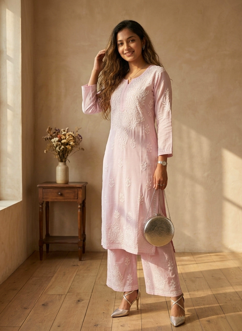 Baby Pink - Modal Nargis Chikankari Co-ords Set With White Thread Embroidery