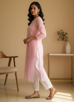 Baby Pink With Crochet Lace - Cotton Terry Voile Bahaar Chikankari Kurta With Slip