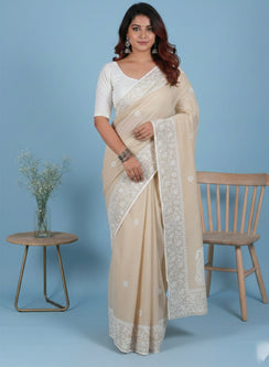 Aparajita Beige - Aks Kota Cotton Chikankari Saree