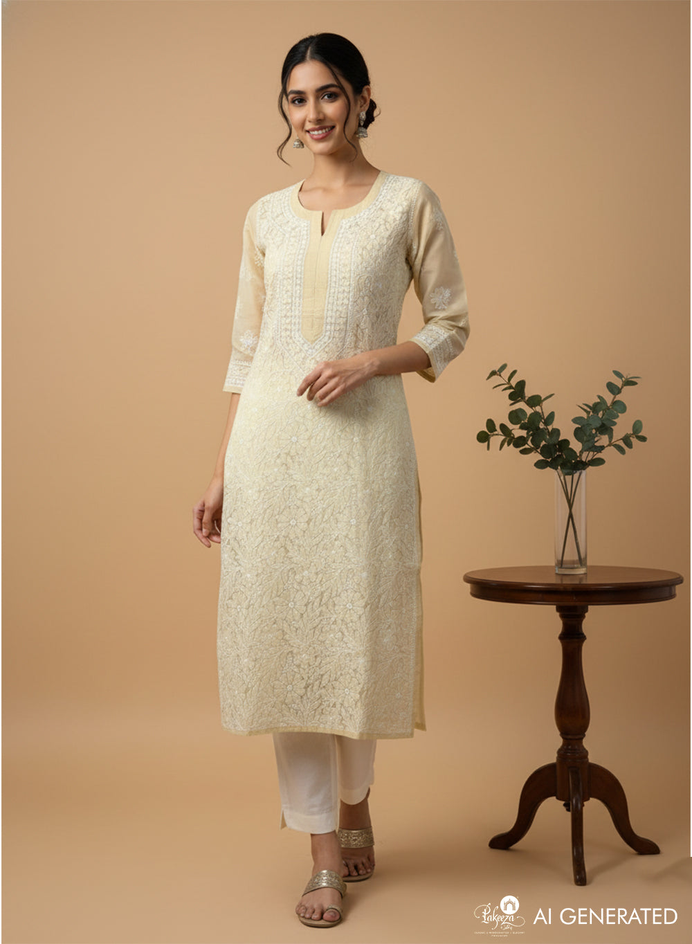 Beige - Bahaar Cotton Terry Voile Chikankari Kurta