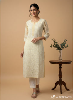 Beige - Bahaar Cotton Terry Voile Chikankari Kurta