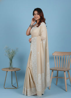 Aparajita Beige - Aks Kota Cotton Chikankari Saree