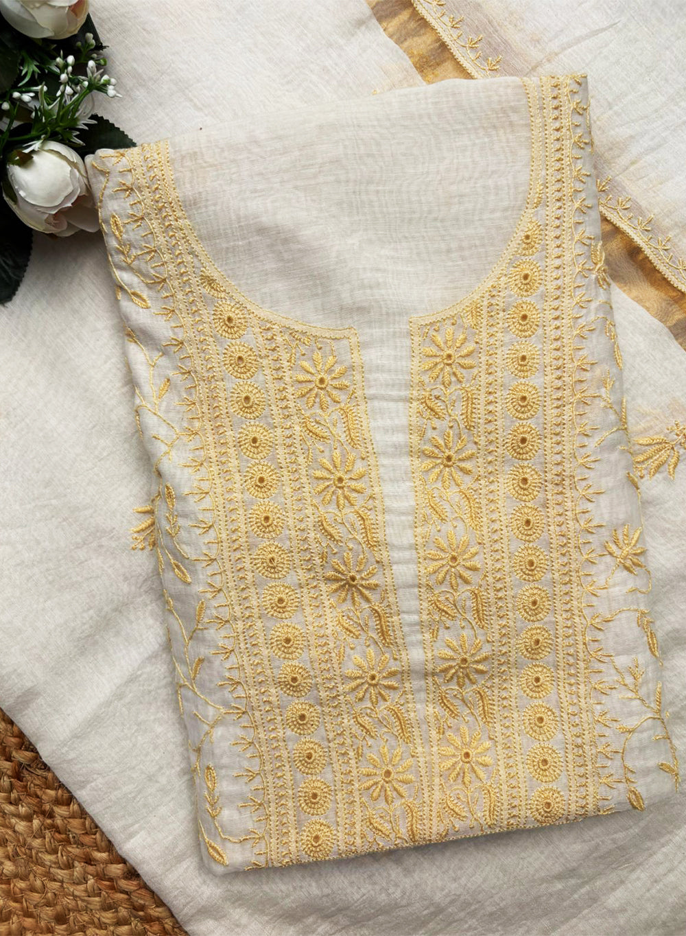 White & Beige - Nayaab Mul Chanderi Chikankari Kurta Fabric