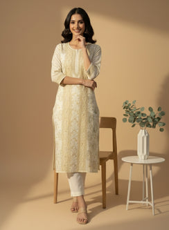 Beige - Bahaar Cotton Terry Voile Chikankari Kurta