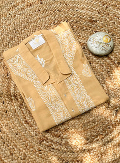 Beige Biscuit - Nawab Cotton Men Chikankari Long Kurta