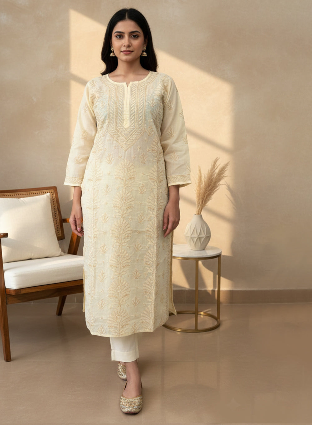 Beige - Cotton Terry Voile Bahaar Chikankari Kurta