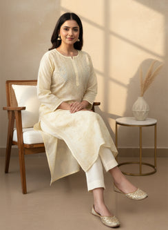 Beige - Cotton Terry Voile Bahaar Chikankari Kurta