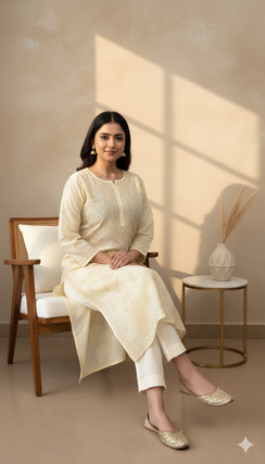 Beige With Self Thread Work - Bahaar Cotton Terry Voile Chikankari Kurta