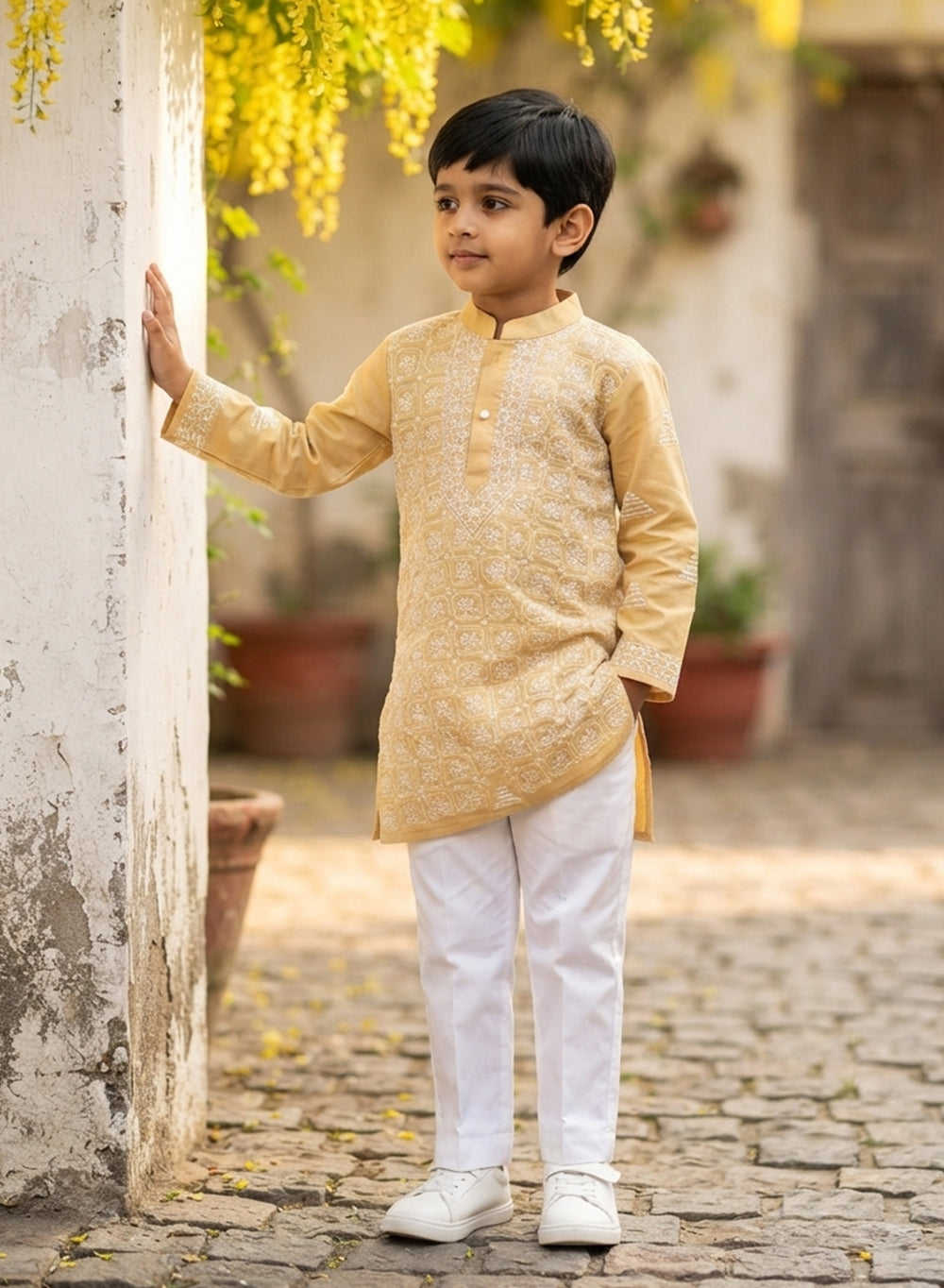 Beige Front Jaal - Cotton Chikankari Kurta