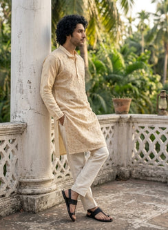 Beige - Nawab Floral Front Jaal Cotton Chikankari Kurta