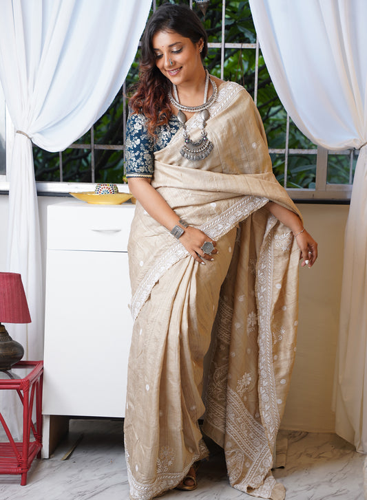 Beige & White - Pure Khadi Silk Aks Resham Saree