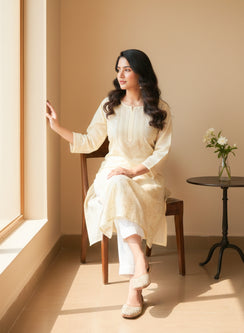 Beige With Brown Thread - Cotton Terry Voile Bahaar Chikankari Kurta