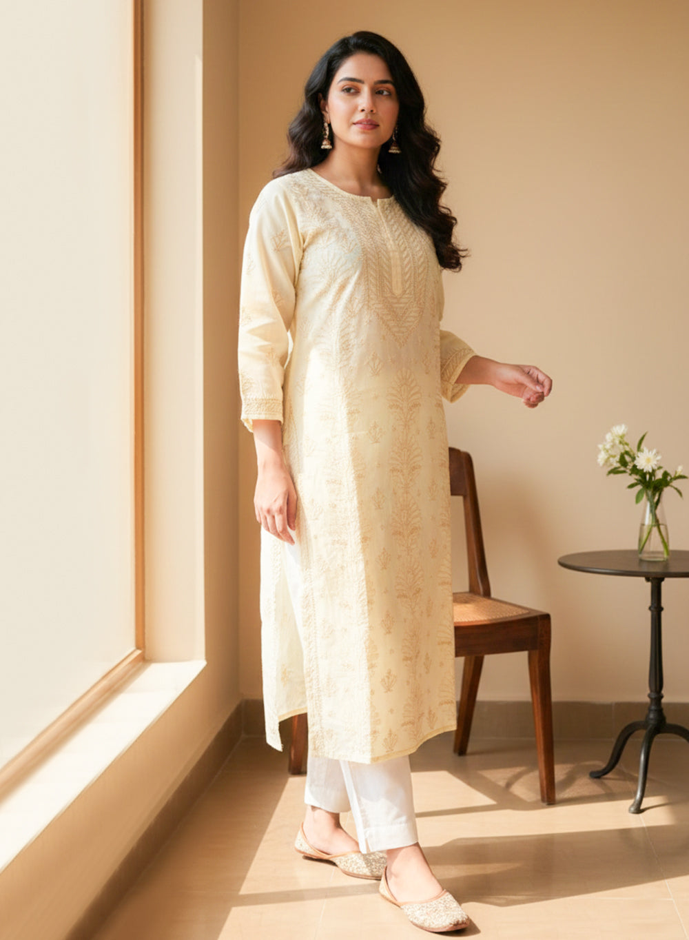 Beige With Brown Thread - Cotton Terry Voile Bahaar Chikankari Kurta