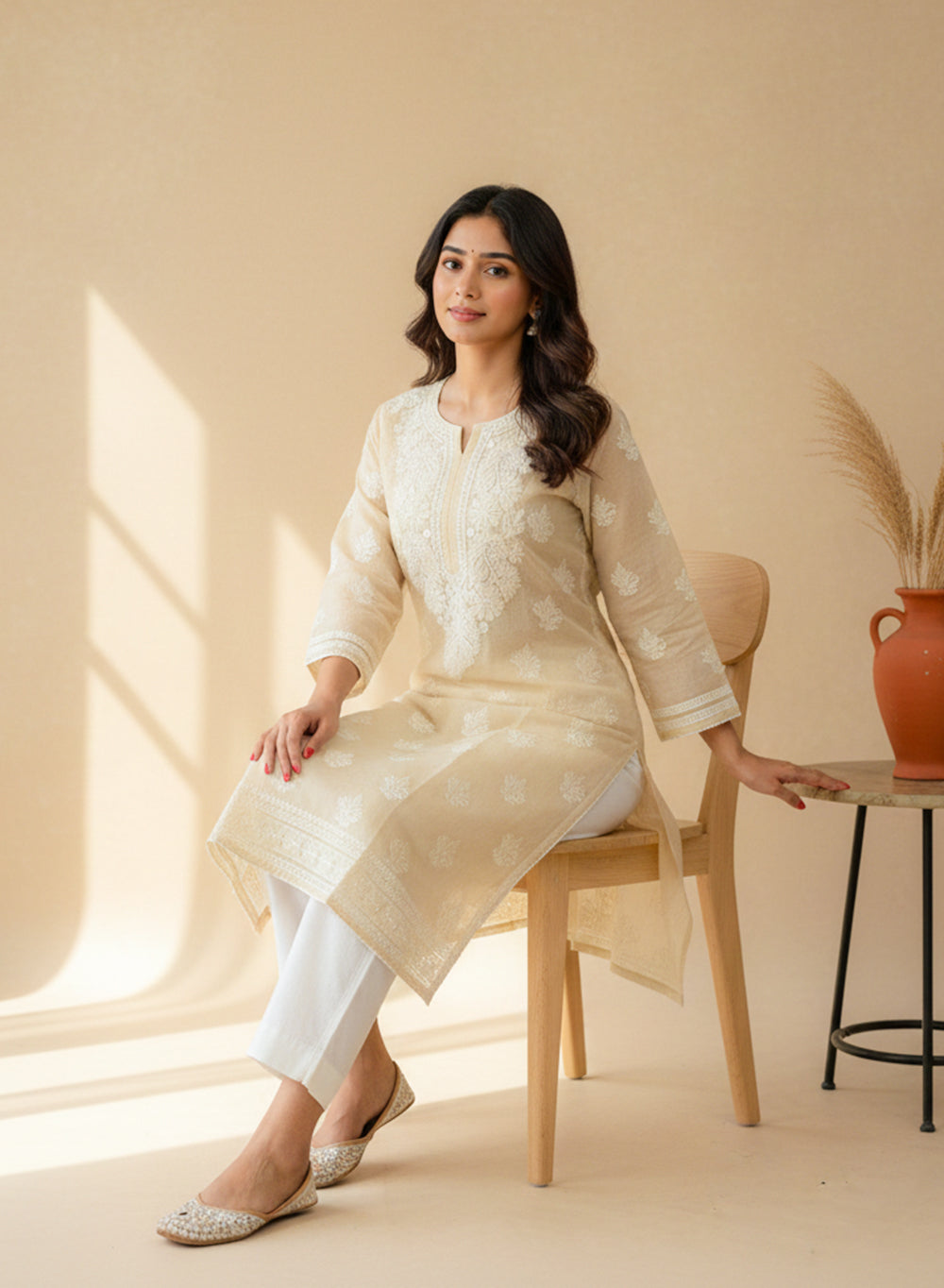 Beige With Crochet Lace - Cotton Terry Voile Bahaar Chikankari Kurta With Slip