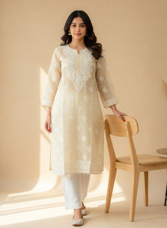 Beige With Crochet Lace - Cotton Terry Voile Bahaar Chikankari Kurta With Slip