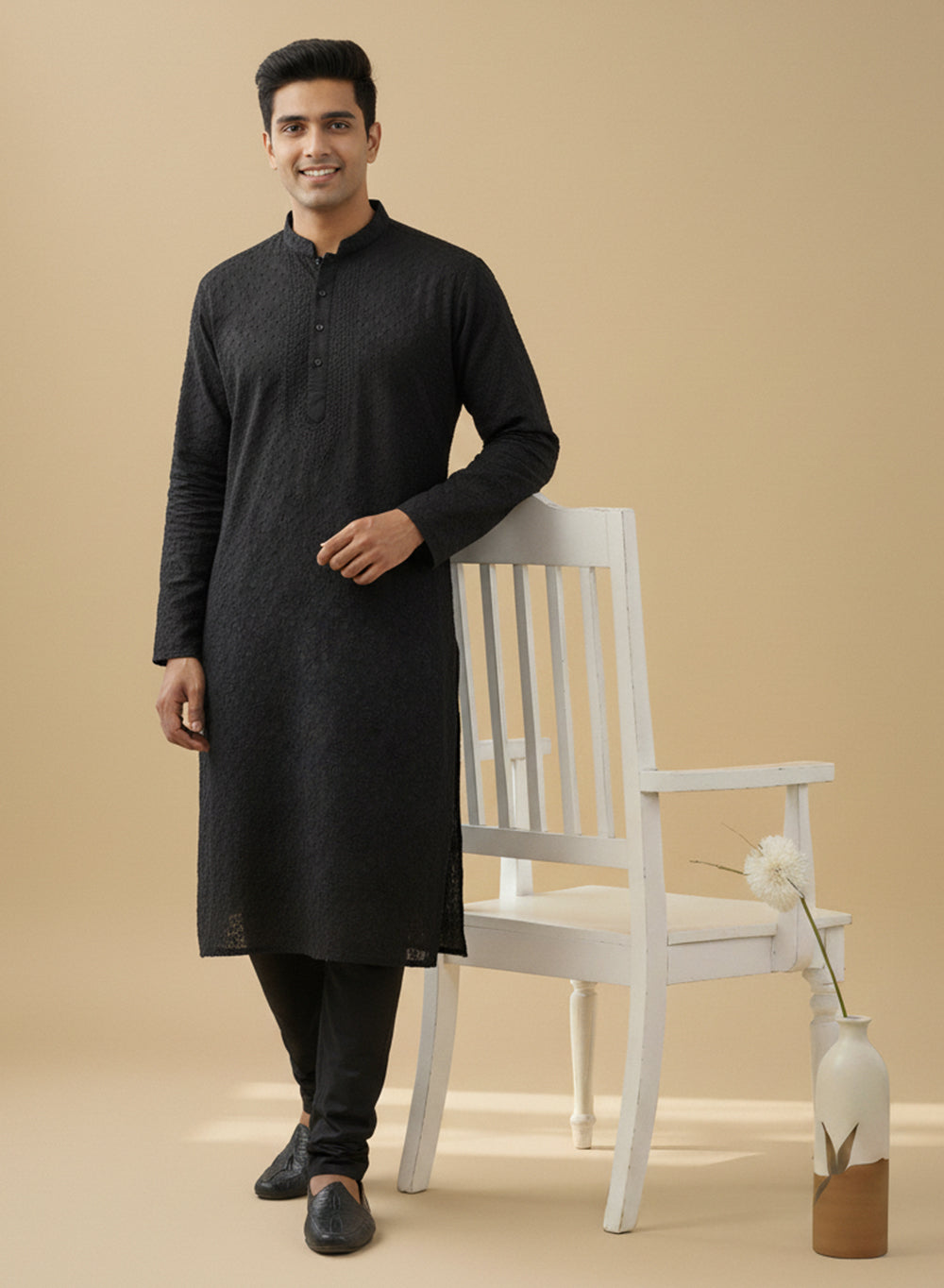 Black - Nawab Cotton Chikankari Men Long Kurta