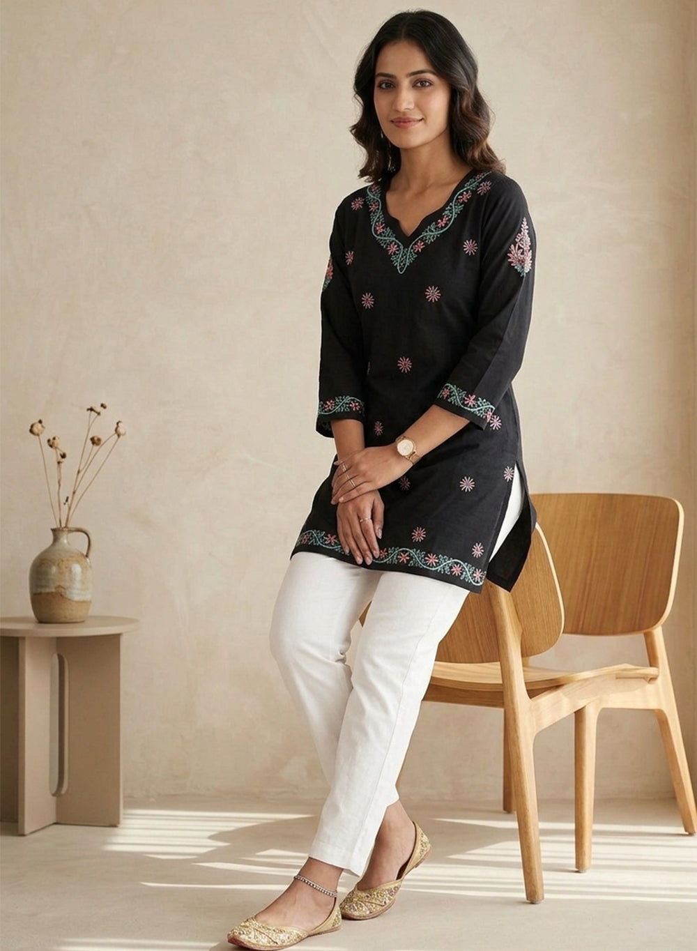 Black Multicolored - Cotton Gulshan Short Top