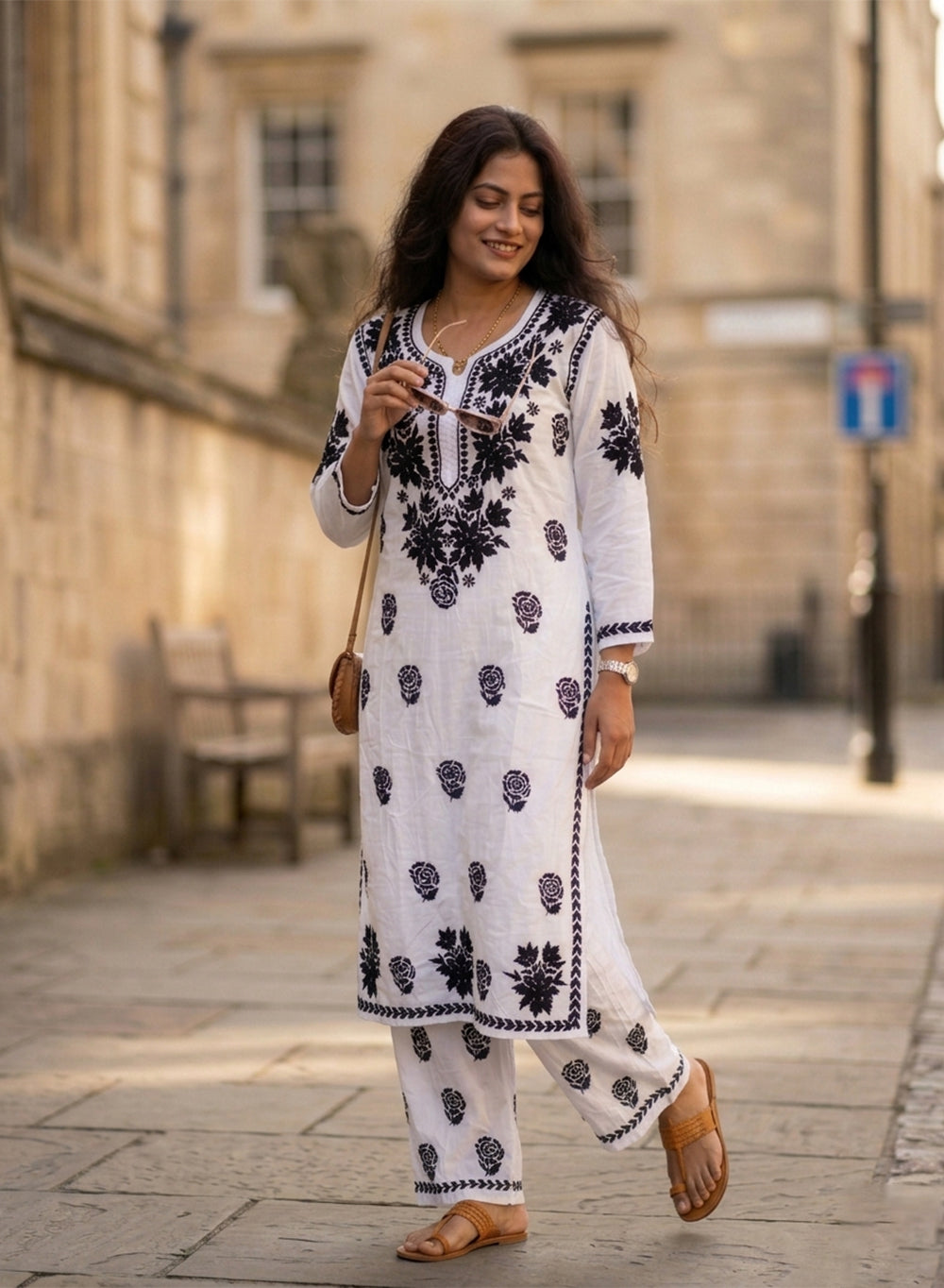 White - Modal Nargis Chikankari Co-ords Set With Black Thread Embroidery