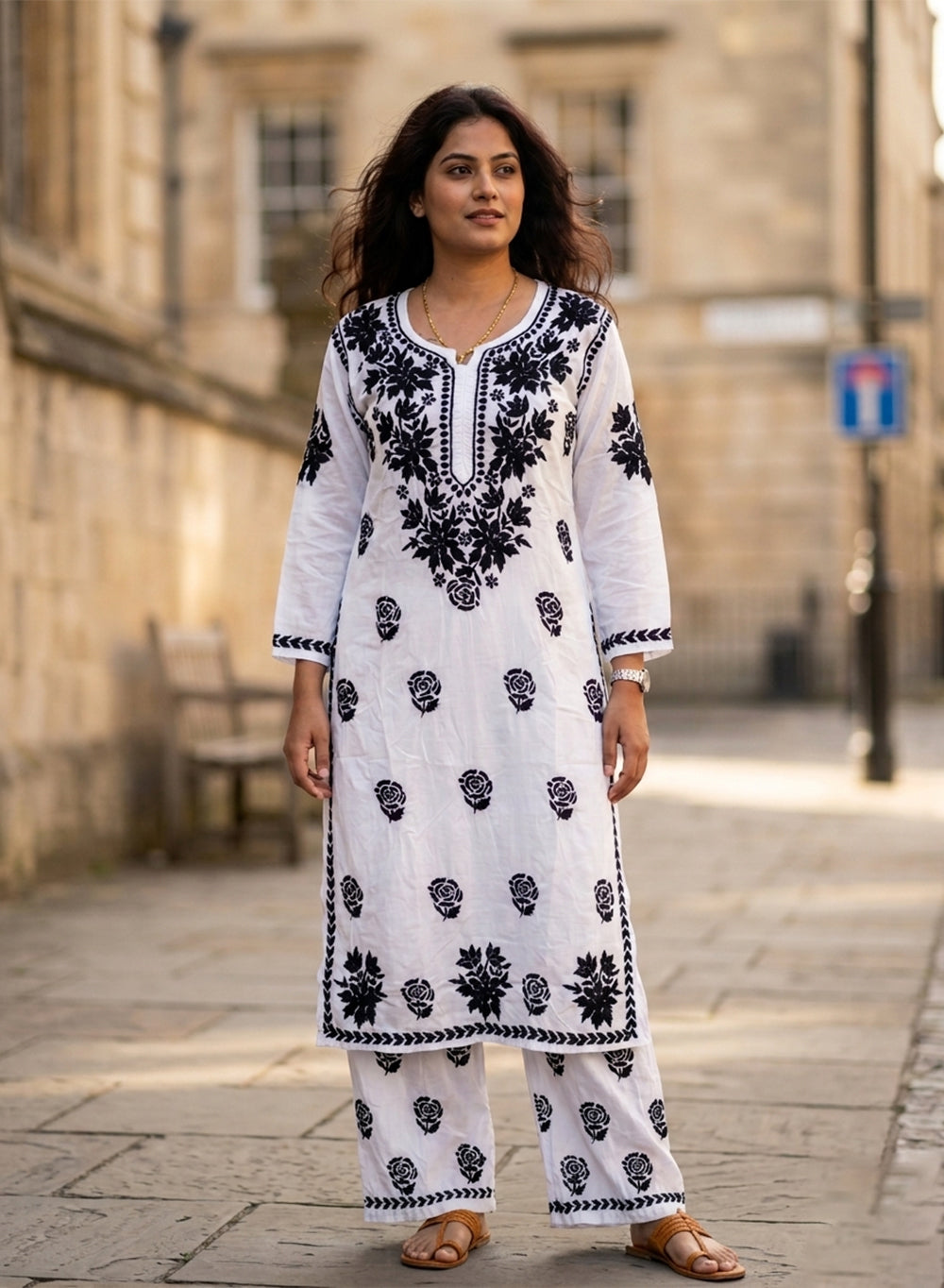 White - Modal Nargis Chikankari Co-ords Set With Black Thread Embroidery