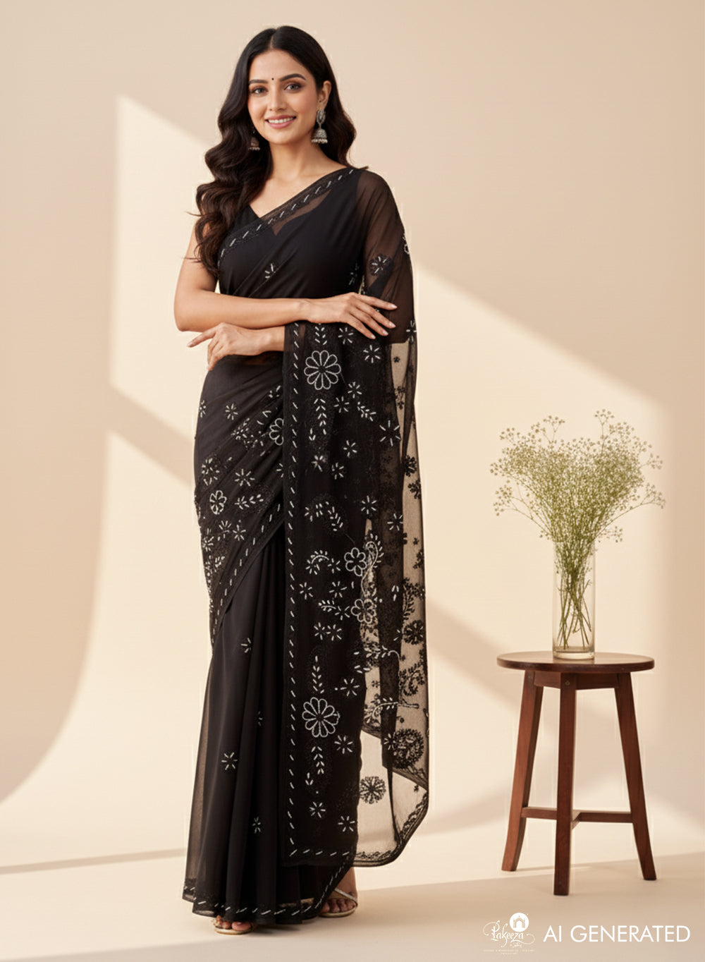 Black Katdana - Aks Georgette Chikankari Saree