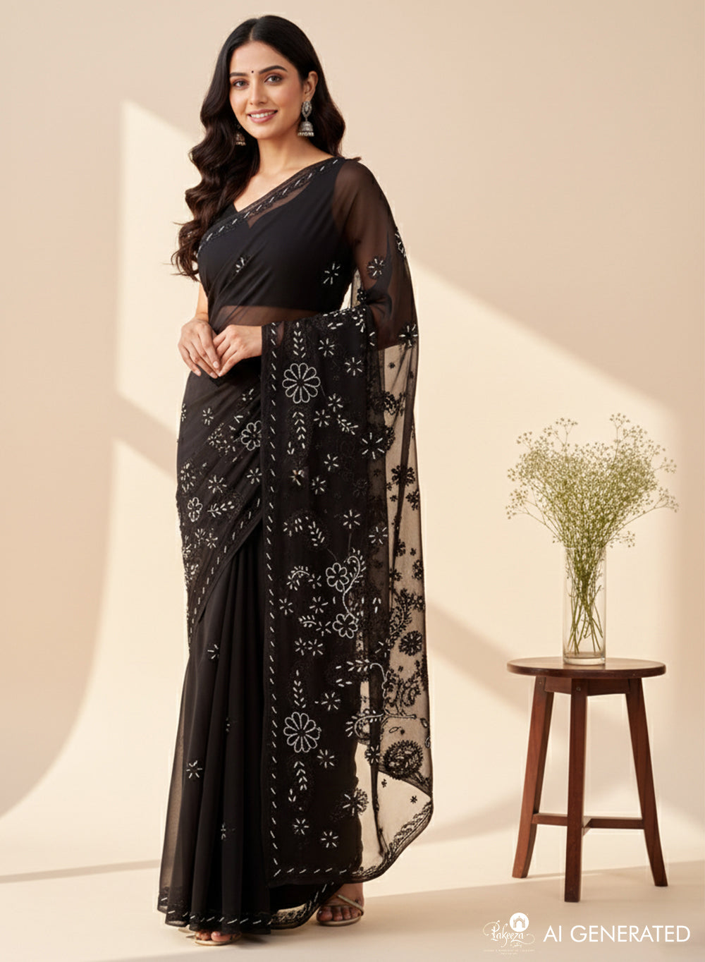 Black Katdana - Aks Georgette Chikankari Saree