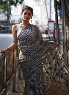 Black Lehariya - Kota Aks Cotton Chikankari Saree