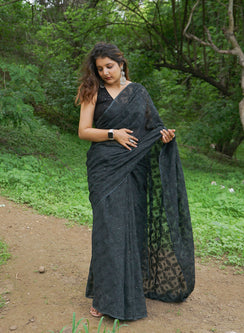 Black Sitara Sequins - Aks Cotton Tepchi Chikankari Saree