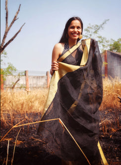 Black Zari Kota Chanderi - Aks Cotton Chikankari Saree
