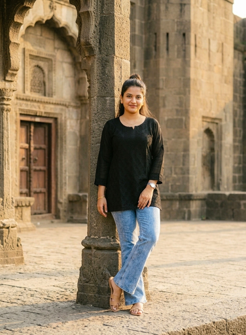 Black - Gulshan Muslin Shadow Work Chikankari Short Top