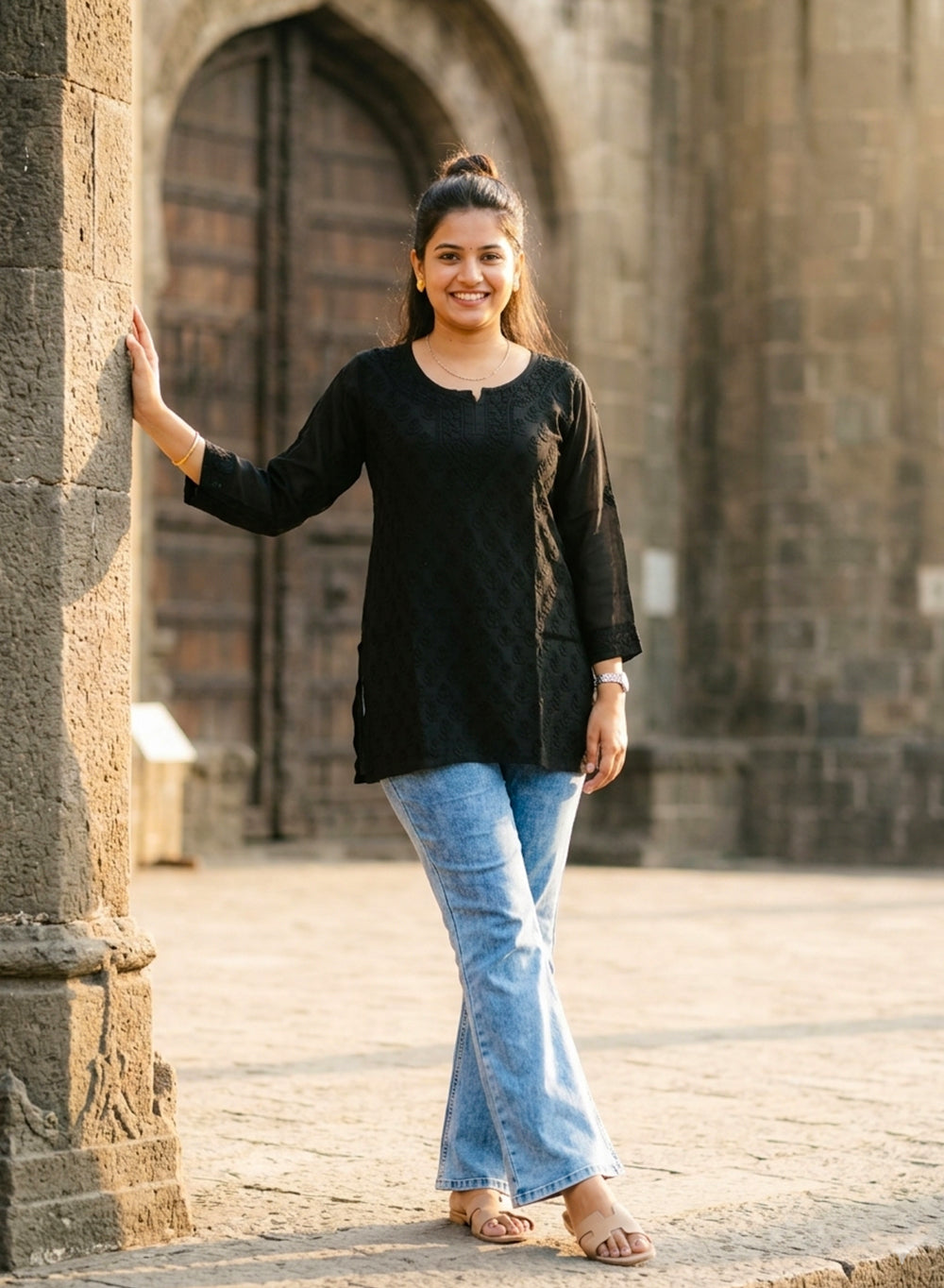 Black - Gulshan Muslin Shadow Work Chikankari Short Top