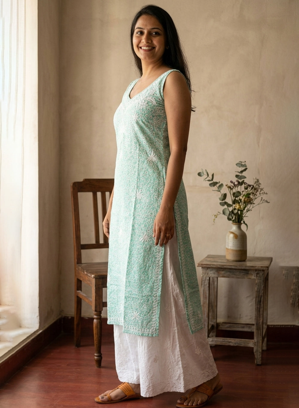 Surbhi Sea Green Printed Mul Cotton - Bahaar Noodle Strap Chikankari Kurta