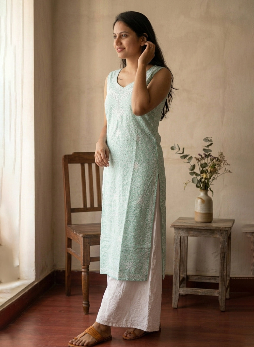 Surbhi Sea Green Printed Mul Cotton - Bahaar Noodle Strap Chikankari Kurta