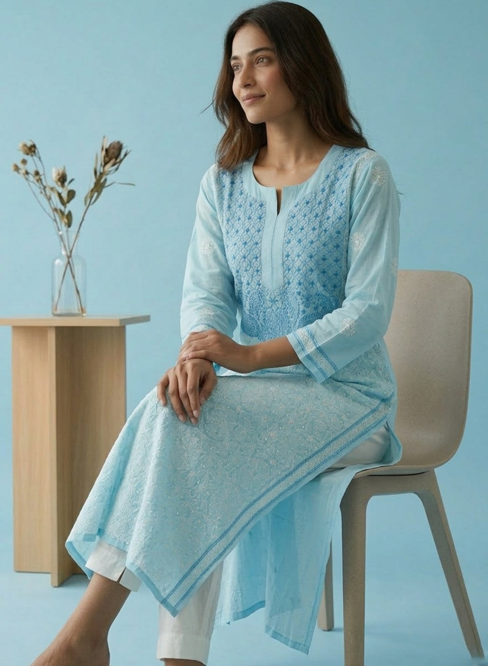 Sky Blue - Bahaar Cotton Terry Voile Chikankari Kurta