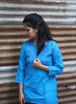 Blue - Gulshan Cotton Chikankari Short Top