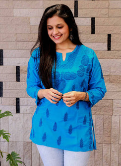 Blue Checks - Gulshan Cotton Chikankari Short Top