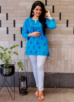 Blue Checks - Gulshan Cotton Chikankari Short Top