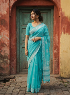 Blue - Cotton Terry Voile Cerotia Border Aks Chikankari Saree