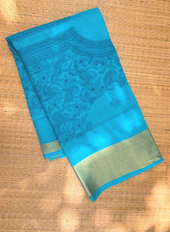 Blue On Blue Zari Border - Dhoop Kinaray Kota Cotton Chikankari Kurta Fabric