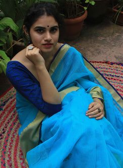 Blue Zari Kota Chanderi - Aks Cotton Chikankari Saree