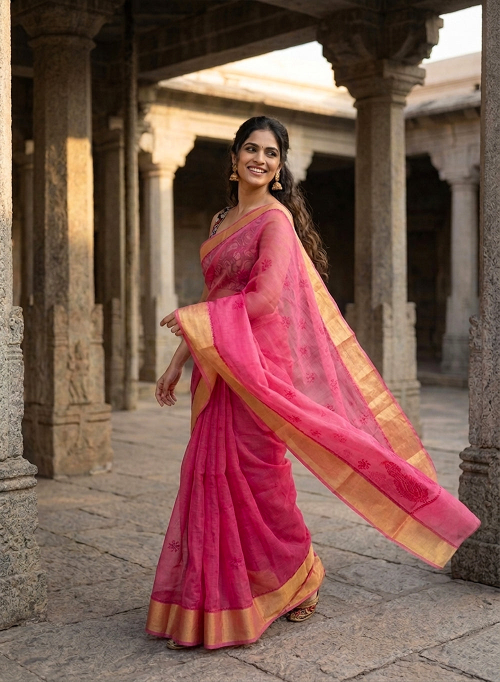 Pink Zari Kota Chanderi - Aks Cotton Chikankari  Saree