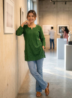 Bottle Green - Gulshan Muslin Shadow Work Chikankari Short Top