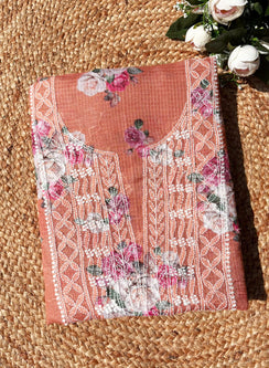 Brick - Nayaab Kota Printed Chikankari Kurta & Dupatta Set