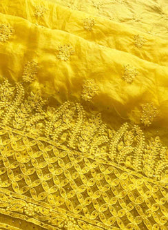 Bright Yellow Faux Organza Mukaish - Nayaab Kurta Chikankari Kurta & Dupatta Fabric