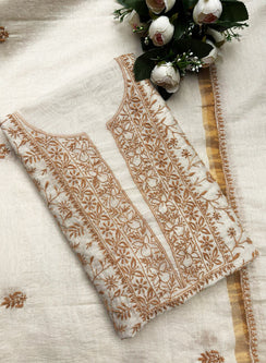 White & Brown - Nayaab Mul Chanderi Chikankari Kurta Fabric